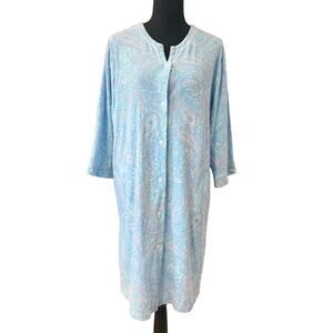 NEW Miss Elaine Relax Robe Women's L Snap Closure Knit Blue Paisley 3/4 Sleeve
